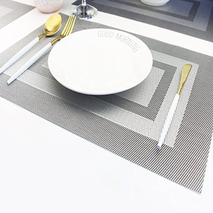 PIGCHCY Placemats - Heat Resistant, Washable Woven Table Mats - Durable Vinyl - Set of 4 (Silver Black) - color: Box: Silver Black, size: 4 Placemats