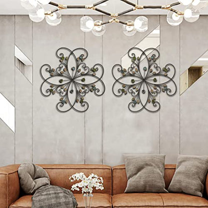 KUWIVO Lechesis 24" Metal Flower Scroll Wall Art Decor Sculptures with Rust Leaf for Living Room Bedroom