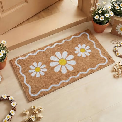 Dunzy Daisy Doormat Outdoor White Floral Welcome Mat for Front Door - style: White Daisy