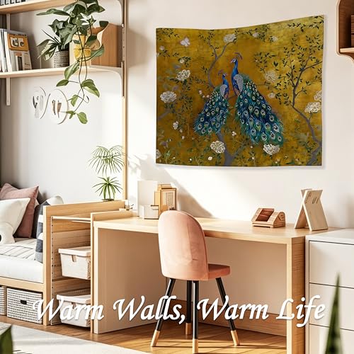 WDSFHYJK Chinoiserie Floral Peacock Tapestry Wall Hanging, Golden Cottagecore Flower Botanical Peacock Wall Tapestry Backdrop for Bedroom Living Room Home Decor, 50x60 Inch - color: Many colors-Floral Peacock