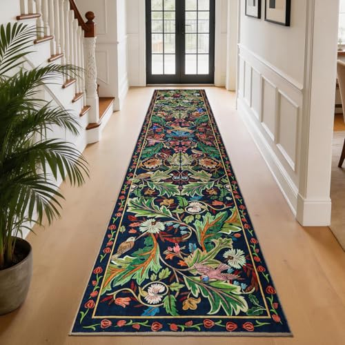 nesrt 2x10 Botanical Runners for Hallways Kitchen Rug Non Slip, Long Washable Boho Jungle Runner Rugs, Soft Floral Forest Birds Carpet Runner for Hall, Laundry, Bedroom, Bathroom (Dark Green) - color: Dark Green, size: 2' x 10' (Rectangular)