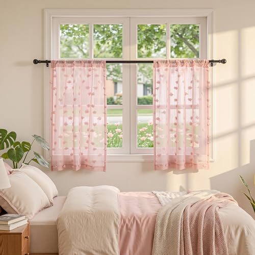 MYSKY HOME Pink Sheer Curtains for Girls with Pom Pom 36Wx54L,2 Panels - color: 1-dusty Pink, size: 36"W x 54"L (Pack of 2)