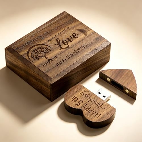Wood USB Flash Drive 32GB USB3.0 with Box for 5 Year Anniversary (Heart) - color: Walnut(WED Heart USB+box-S), size: 32GB-3.0
