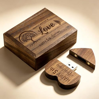 Wood USB Flash Drive 32GB USB3.0 with Box for 5 Year Anniversary (Heart) - color: Walnut(WED Heart USB+box-S), size: 32GB-3.0