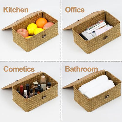 Seagrass Wicker Storage Basket with Lid, Medium, Natural - color: Natural, size: 10.23" x 6.3" x 4.13"