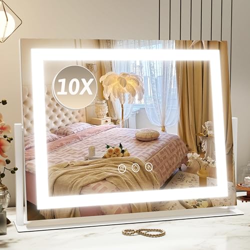 ROLOVE Vanity Mirror with Lights 22"x18", Lighted Makeup Mirror with 10X Magnification, Smart Touch 3 Colors Dimmable, 360° Rotation, Women Gift, Dresser Mount, Bathroom (White) - color: White, size: 22"L x 18"W