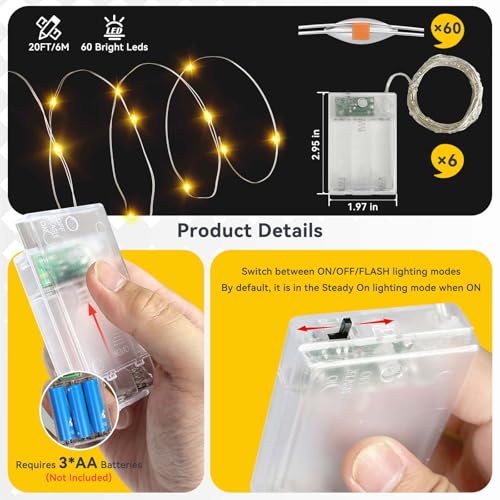 LitHome 6 Pack Warm White Fairy Lights Battery Operated, Each 20 FT 60 LED - color: Warm White, size: 6 Pack