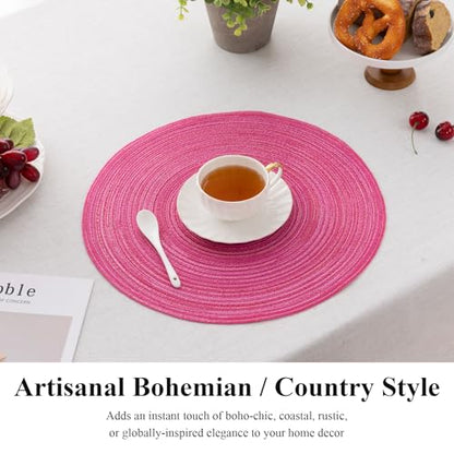 SHACOS Hot Pink Round Braided Placemats Set of 4 Washable Fabric Place Mat - color: Hot Pink, size: Set of 4