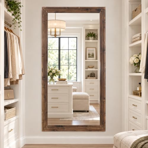 81x41in Full Length Mirror, 3-Tier Stepped Solid Wood Frame, Brown - color: Brown, size: 81"L x 41"W