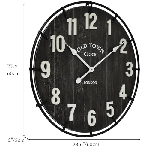 EMAX HOME Large Old Town Farmhouse Black Wall Clock 24 Inch Rustic Antique Wood with Metal Circle and Large Numerals Silent Battery Operated Wall Clock for Office Kitchen Bedroom Living Room - color: Black, size: 24 Inch