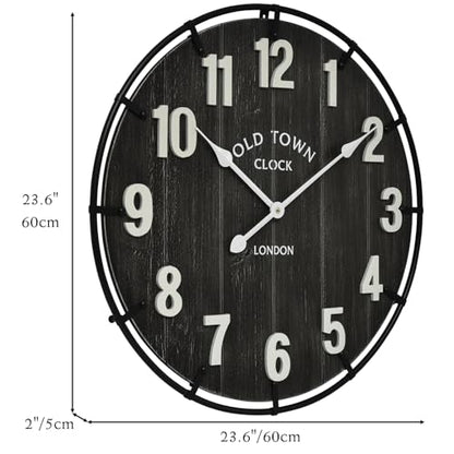 EMAX HOME Large Old Town Farmhouse Black Wall Clock 24 Inch Rustic Antique Wood with Metal Circle and Large Numerals Silent Battery Operated Wall Clock for Office Kitchen Bedroom Living Room - color: Black, size: 24 Inch