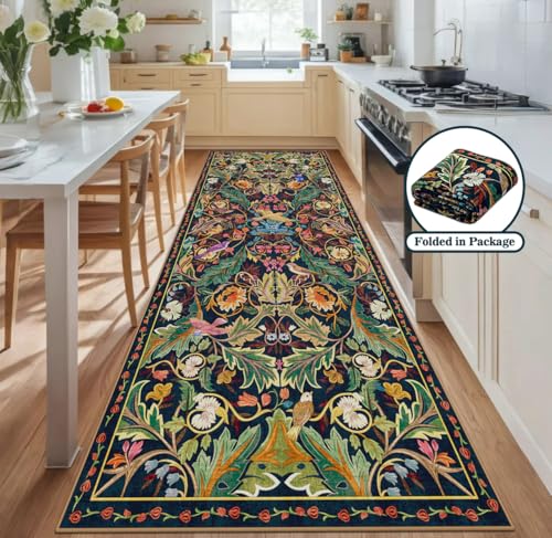 nesrt Boho 4x10 Hallway Runner Rugs, Non Slip Washable Long Kitchen Runners, Soft Floral Birds Jungle Carpet for Entryway, Low Pile Decor Rug for Hall Laundry Bedroom Bathroom (Dark Green) - color: Dark Green, size: 4' x 10' (Rectangular)