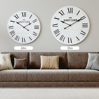 ARTPOWER 24" Extra Large Farmhouse Wall Clock,Solid Wood Veneer,White - color: White, size: 24"W x 24"H