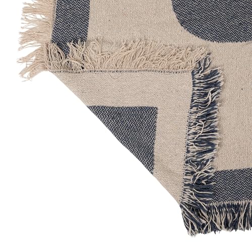 Bloomingville Woven Cotton Blend Jacquard Throw Blanket, Natural and Blue
