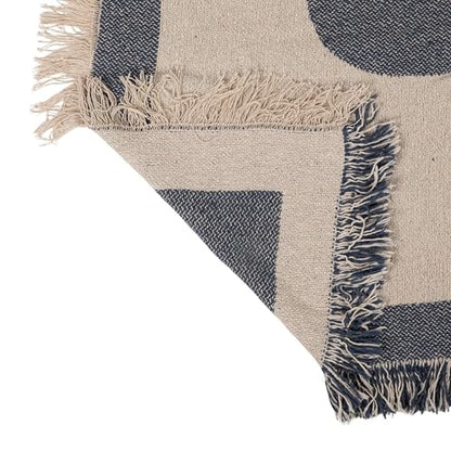 Bloomingville Woven Cotton Blend Jacquard Throw Blanket, Natural and Blue