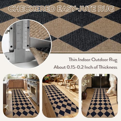 Lahome Checkered Easy Jute Rug, 2'6" x 8' Carpet Runners for Hallway 8ft Washable Rug Non Slip Kitchen Runner, Checkerboard Black Indoor Outdoor Carpet for Entryway