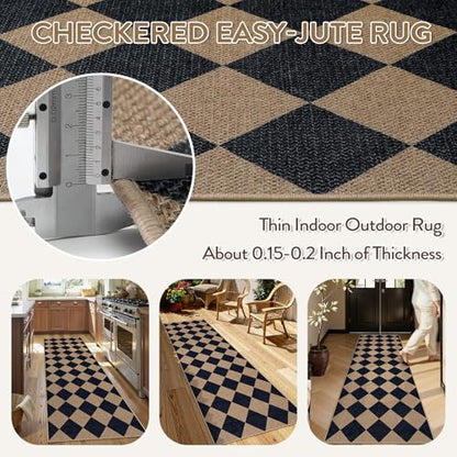 Lahome Checkered Easy Jute Rug, 2'6" x 8' Carpet Runners for Hallway 8ft Washable Rug Non Slip Kitchen Runner, Checkerboard Black Indoor Outdoor Carpet for Entryway