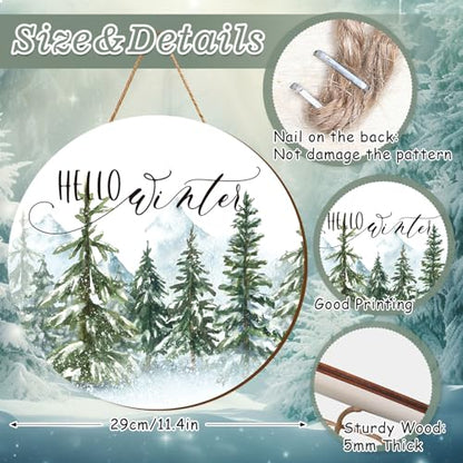 Whaline Christmas Hello Winter Wooden Hanging Sign Christmas Pine Trees Welcome Door Sign Xmas Winter Holiday Farmhouse Rustic Wreath Sign for Indoor Outdoor Home Wall Window Decor - style: Winter