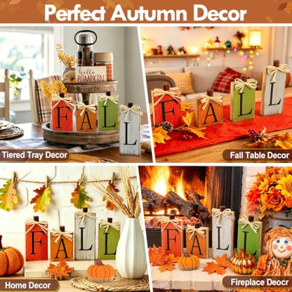 WOHOHOHO 8Pcs Wooden Fall Decorations for Home, "FALL" Wood Table Decor, Pumpkin & Maple Leaf Signs. Rustic Wooden Autumn Thanksgiving Decorations for Home Office Room Bedroom Mantel Tiered Tray