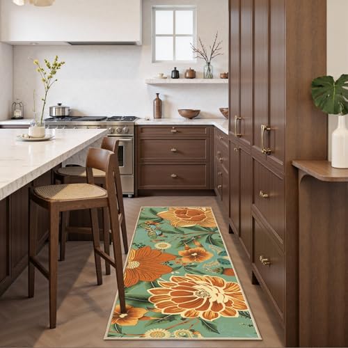 Tyrot Sage Green Boho Floral 2x6 Washable Kitchen & Hallway Runner Rug Ultra-Thin Flat Woven Low Pile Botanical Runner Rug Non-Slip Indoor Butterfly Runner for Entryway, Laundry, Bathroom and Bedroom - color: Sage Bloom, size: 2' x 6' (Runner)