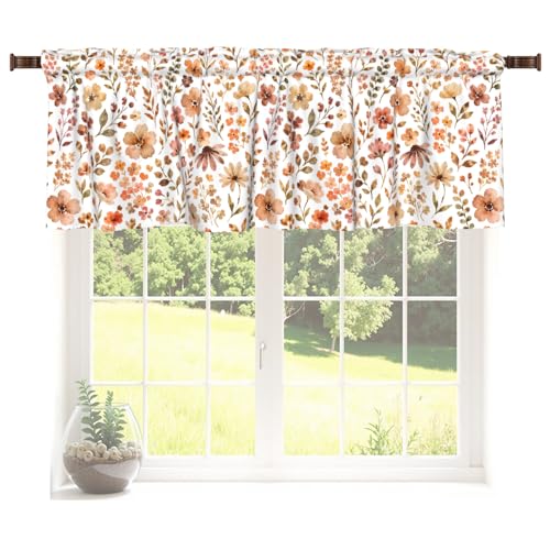 Brown Floral Valances for Windows Fall Color Flower Print Kitchen Curtain Farmhouse Rustic Widow Valance with Rod Pocket Design Light Filtering Polyester Valance 54 x 18 Inch, 1 Panel - color: Brown Floral
