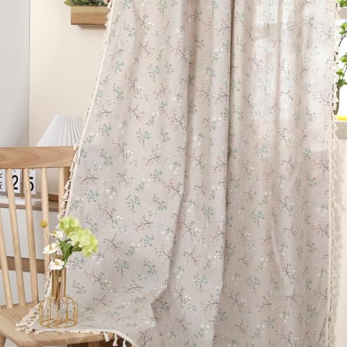 1 Pair Floral Linen Curtains Rustic Country Style Light Filtering Rod Pocket Window Drapes Beige Tassels, 52" W x 72" L Little Grass and Flower on Beige - color: Little Grass & Flower, size: 52"W x 72"L (Pack of 2)