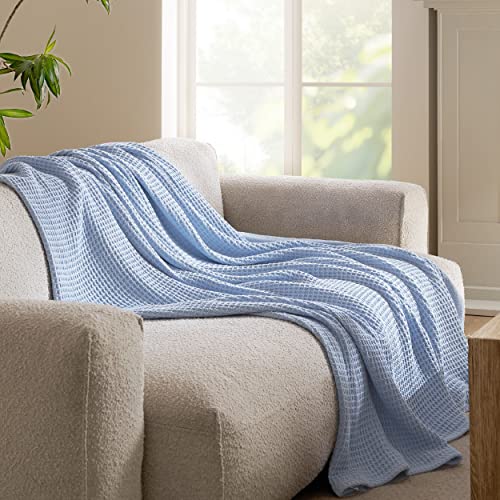 Bedsure 100% Cotton Twin XL Blanket, Waffle Weave, Light Blue, 66"x90" - color: 09 Light Blue, size: Twin XL (66" X 90")