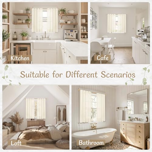 LAMIT Beige Sheer Linen Cafe Curtains 30 Inch Length 2 Panels for Windows - color: Beige, size: 34"W x 30"L (Pack of 2)
