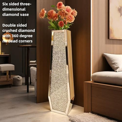 36" Extra Tall Double Sided Crushed Diamond Vases,Six Sided Three-Dimensional Diamond Vase,Extra Large Mirrored Silver Crystal Vase for Home,Office,Hotel(10.6" Lx5.37 W x 36" H) - size: Crushed Diamond:10.6"L X 5.37"W X 36"H