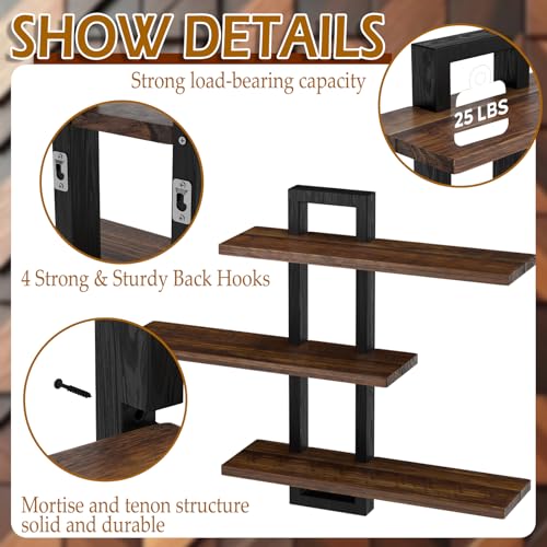 2 Pack 23 Inch Wood Floating Shelves for Wall Decor, 3 Tier Rustic Brown and Black Decorative Hanging Storage Display Wall Shelf for Bathroom Living Room Bedroom Kitchen Home Office (2, Rectangular)