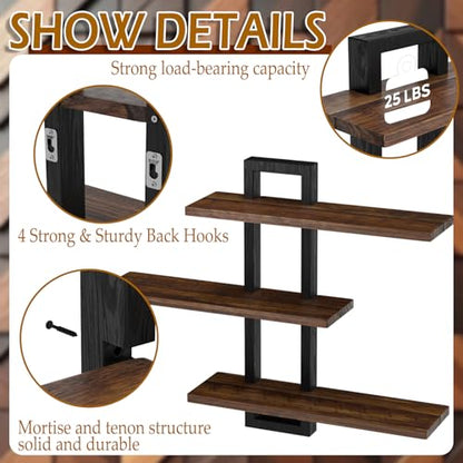 2 Pack 23 Inch Wood Floating Shelves for Wall Decor, 3 Tier Rustic Brown and Black Decorative Hanging Storage Display Wall Shelf for Bathroom Living Room Bedroom Kitchen Home Office (2, Rectangular)