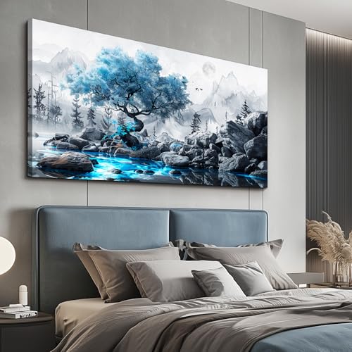 Canvas Wall Art for Living Room Black And White Landscape Tree 24x48 Inches - color: Blue Tree, size: 48"L x 24"W