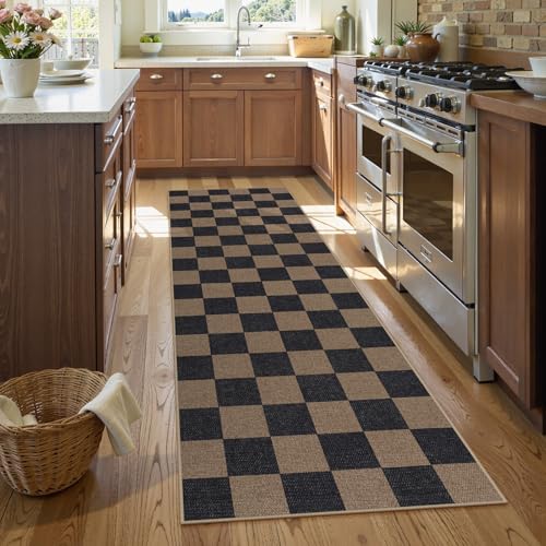 Lahome Checkered Easy Jute Kitchen Runner Rug, 2x8 Outdoor Rugs Washable - color: Chocolate Brown/Checkerboard -1, size: 2'6" x 8' (Runner)