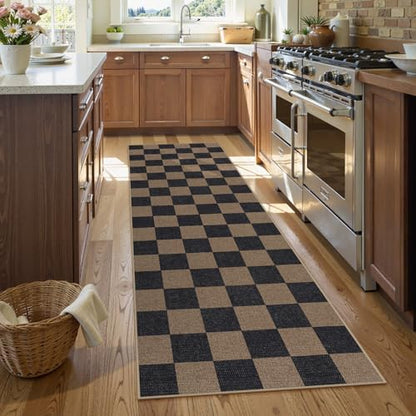 Lahome Checkered Easy Jute Kitchen Runner Rug, 2x8 Outdoor Rugs Washable - color: Chocolate Brown/Checkerboard -1, size: 2'6" x 8' (Runner)