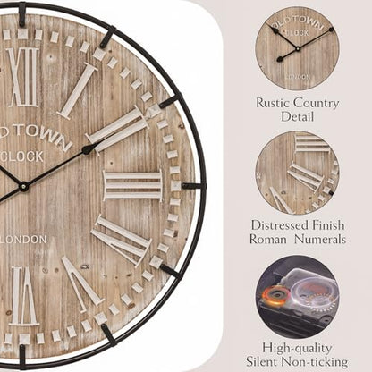 Farmhouse Wall Clock 30 Inch - Rustic Wood Metal Decor, Silent Sweep, Battery Operated for Living Room Kitchen Office, Brown - size: 30 Inch
