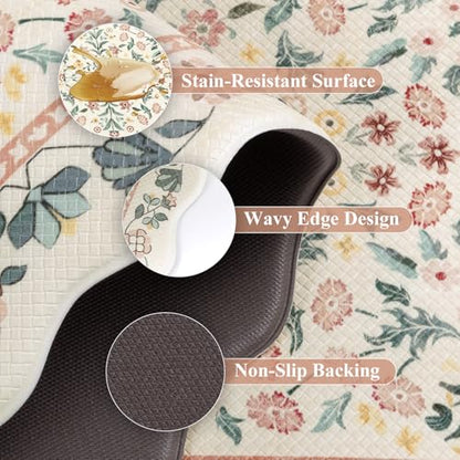 Yamaziot Boho Anti Fatigue Kitchen Rug Set of 3 Scalloped Beige & Pink - color: Beige & Pink, size: 17.3"x29"+17.3"x35"+17.3"x47"