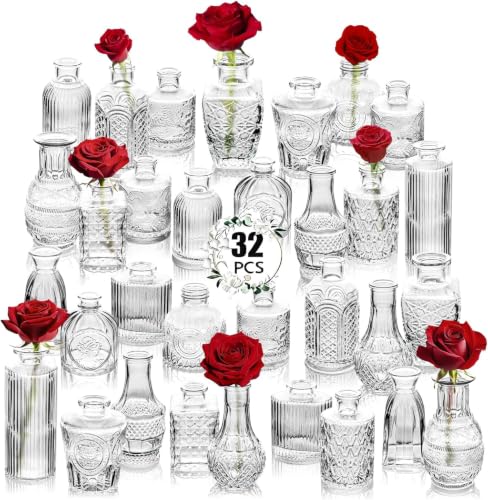 Clear Glass Bud Vase Set of 32 Pcs,Small Bud Vases in Bulk,Glass Crystal Flower Vases Table Centerpieces for Party Event Wedding Decor Baby Shower Decorations (Clear, 32 Pcs) - color: Clear, size: 32 Pcs