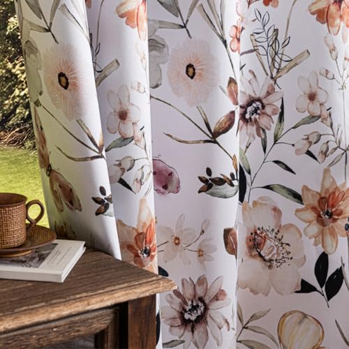 Floral Print 100% Blackout Curtains 84 inch Long 2 Panels, White Botanical Pattern Thermal Insulated Room Darkening Window Drapes, Grommet Top Privacy Curtains for Bedroom Living Room, 52"W x 84"L - color: White Floral, size: 52"W x 84"L (Pack of 2)