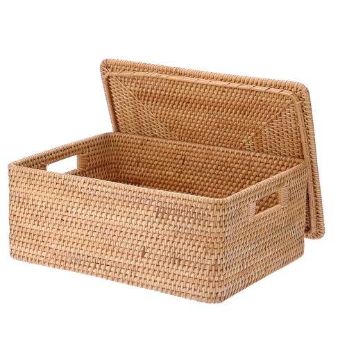 Hipiwe Rattan Basket Box with Lid X-Large Wicker Lidded Decorative Baskets - size: 17"L x 13"W x 6.7"H