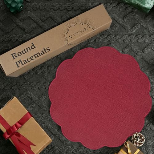 AHHFSMEI Round Scalloped Placemats Set of 6 15 Inch Faux Linen - color: Burgundy Red