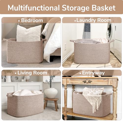 Goodpick 85L Large Woven Rope Blanket Basket, Rectangle, Brown - color: Brown, size: X-Large(23.6"L x 15.7"W x 13.8"H)