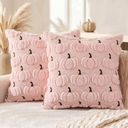 AVOIN colorlife Pink Fall Pumpkin Throw Pillow Covers 20x20 Inch - color: Pink, size: 20" x 20" (Pack of 2)