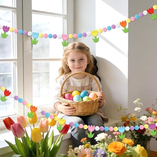 Jansun 8.2 FT 3D Spring Colorful Tulip Floral Felt Pre-Strung Garland - color: Multicolor Tulips