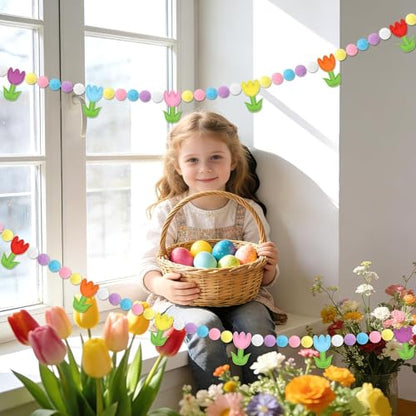 Jansun 8.2 FT 3D Spring Colorful Tulip Floral Felt Pre-Strung Garland - color: Multicolor Tulips