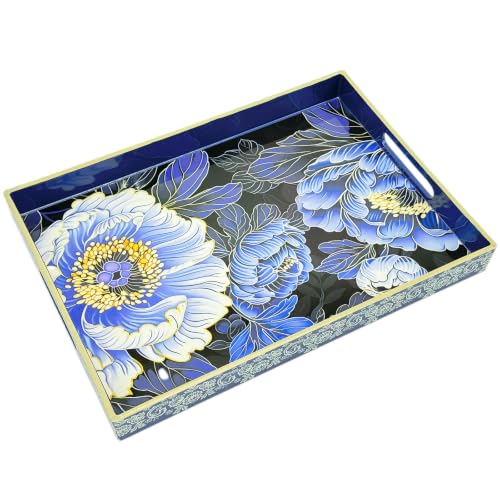 Serving Tray with Handles, 15.7 * 11.8 inches, Plastic Ottoman Tray with Exquisite Paintings, Trays for Coffee Table - color: Blue Peony