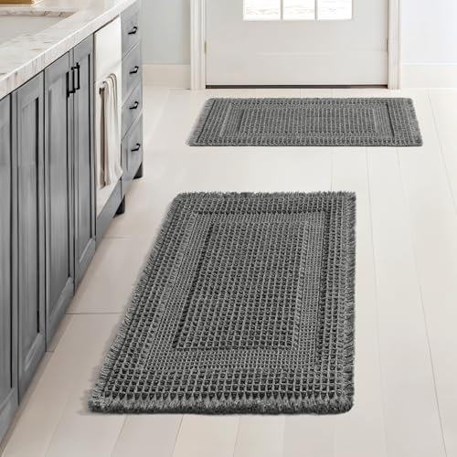 MIULEE Set of 2 Waffle Bathroom Rugs Dark Grey Boho Bath Mat 17x24 in - color: Dark Grey, size: 17''x24''