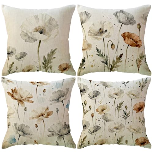 ULOVE LOVE YOURSELF Decorative Throw Pillow Case Watercolor Poppy Cushion Cover Spring Summer Garden Art Pillow Covers 18 X 18 Inches,4Pack Neutral Tone Floral for Sofa Couch Porch(Grayish)