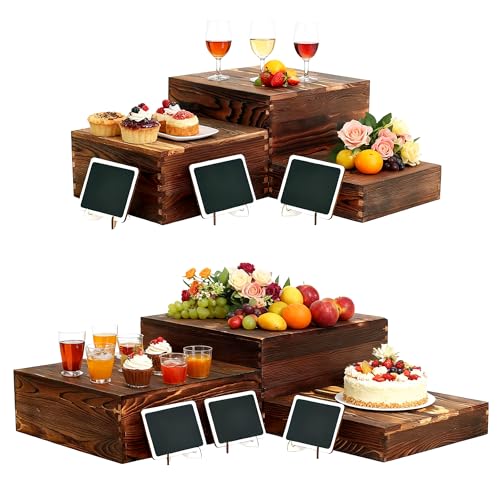 6 Pack Buffet Risers and Stands, Dessert Table Display Set with Mini Signs - color: Brown, size: 6 Pcs