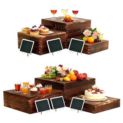 6 Pack Buffet Risers and Stands, Dessert Table Display Set with Mini Signs - color: Brown, size: 6 Pcs