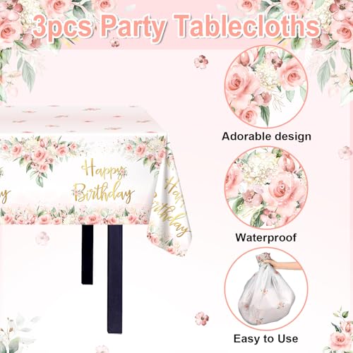 Avezano 3 Pcs Rose Gold Party Decorations Pink Floral Happy Birthday Tablecloths for Girls Women Birthday Party Supplies 108 x 54 Inch